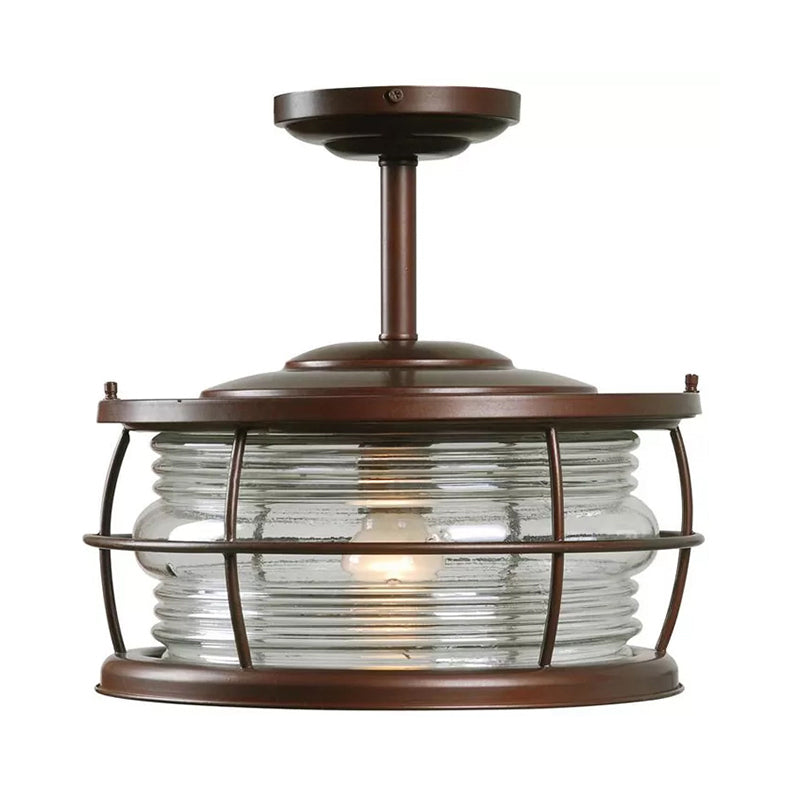 Retro Style Ribbed Glass Semi Mount Lighting with Drum Shade in Copper Finish - 1 Bulb for Dining Room Lamping