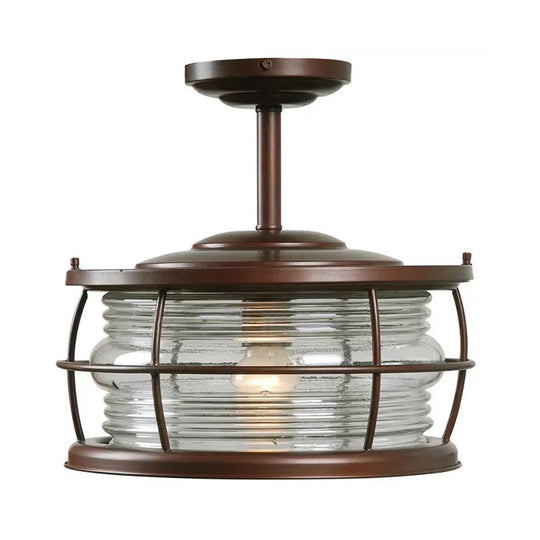 Retro Style Ribbed Glass Semi Mount Lighting with Drum Shade in Copper Finish - 1 Bulb for Dining Room Lamping