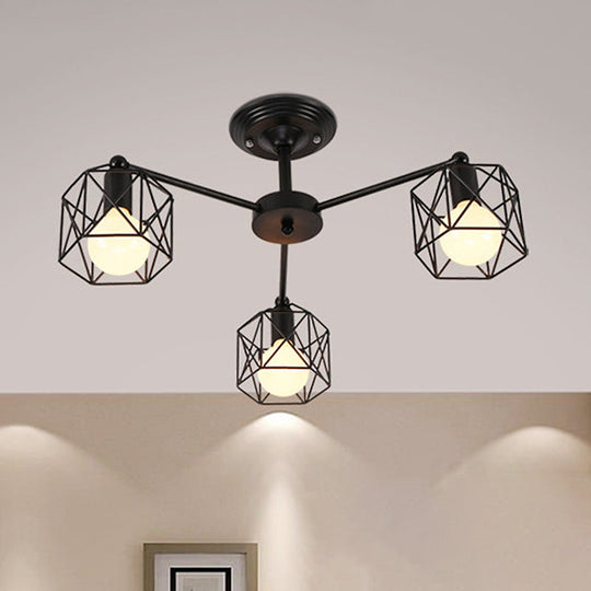 Geometric Cage Semi Flush Ceiling Lamp - Industrial Retro Look for Living Room - 3/5 Bulbs Iron Light in Black