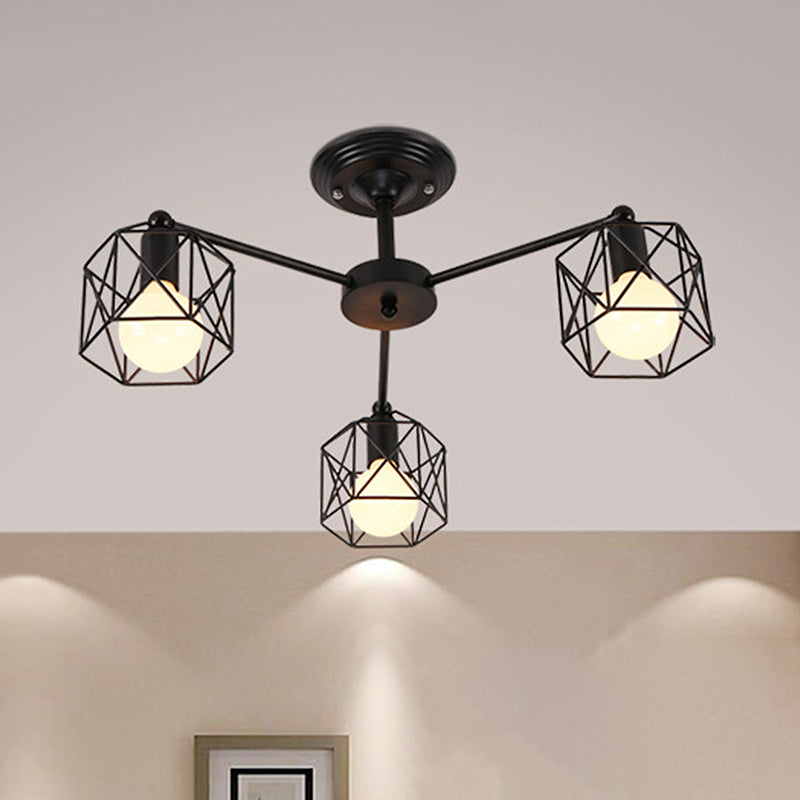 Geometric Cage Semi Flush Ceiling Lamp - Industrial Retro Look For Living Room 3/5 Bulbs Iron Light