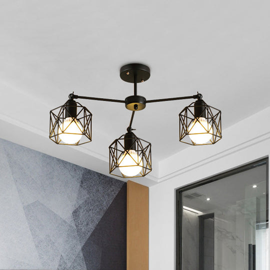 Geometric Cage Semi Flush Ceiling Lamp - Industrial Retro Look for Living Room - 3/5 Bulbs Iron Light in Black