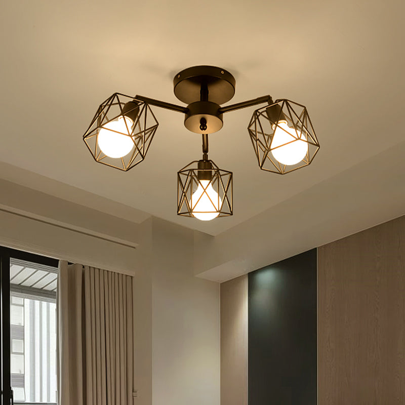 Geometric Cage Semi Flush Ceiling Lamp - Industrial Retro Look for Living Room - 3/5 Bulbs Iron Light in Black