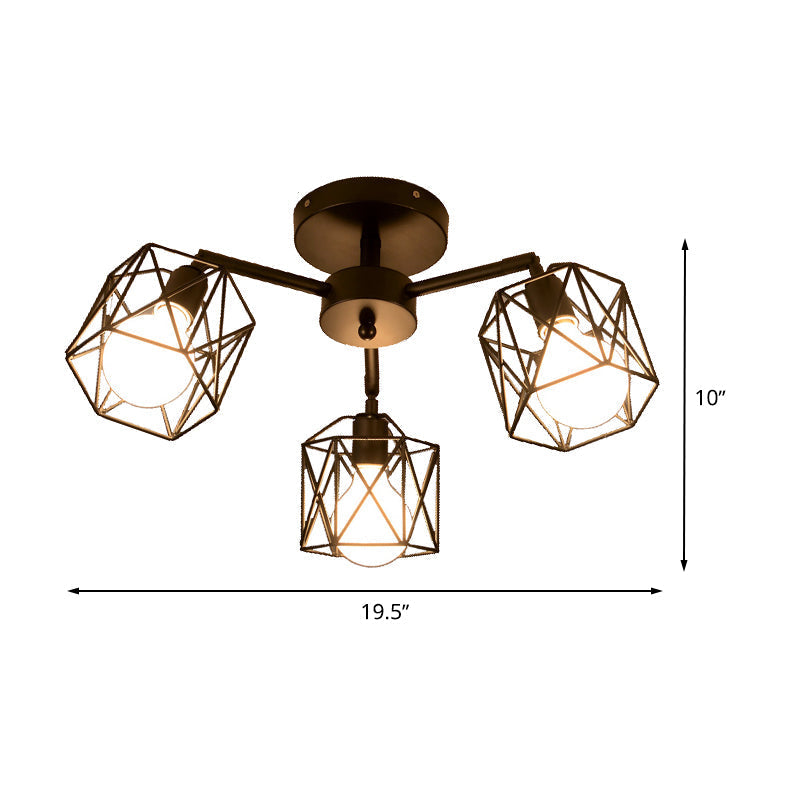 Geometric Cage Semi Flush Ceiling Lamp - Industrial Retro Look for Living Room - 3/5 Bulbs Iron Light in Black