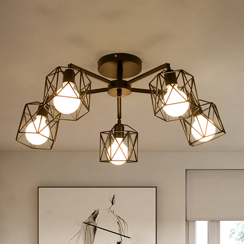 Geometric Cage Semi Flush Ceiling Lamp - Industrial Retro Look for Living Room - 3/5 Bulbs Iron Light in Black