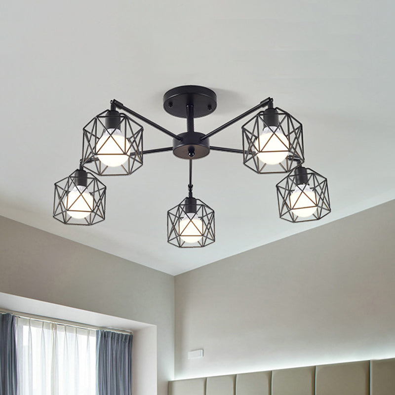 Geometric Cage Semi Flush Ceiling Lamp - Industrial Retro Look for Living Room - 3/5 Bulbs Iron Light in Black