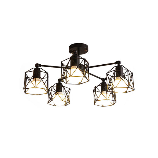 Geometric Cage Semi Flush Ceiling Lamp - Industrial Retro Look for Living Room - 3/5 Bulbs Iron Light in Black