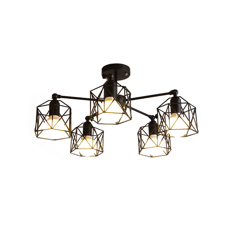 Geometric Cage Semi Flush Ceiling Lamp - Industrial Retro Look For Living Room 3/5 Bulbs Iron Light