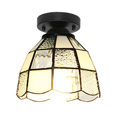 Tiffany Style Stained Glass Dome Ceiling Light For Corridor - White/Blue/Clear Shade Flush Mount