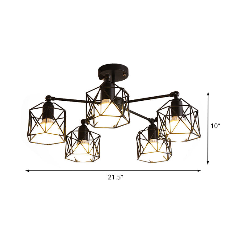 Geometric Cage Semi Flush Ceiling Lamp - Industrial Retro Look for Living Room - 3/5 Bulbs Iron Light in Black