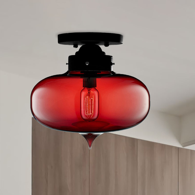 Sleek Black Industrial Semi Flush Light with Red/Brown/Amber Glass Oval Shade - Perfect for Dining Room Ceiling