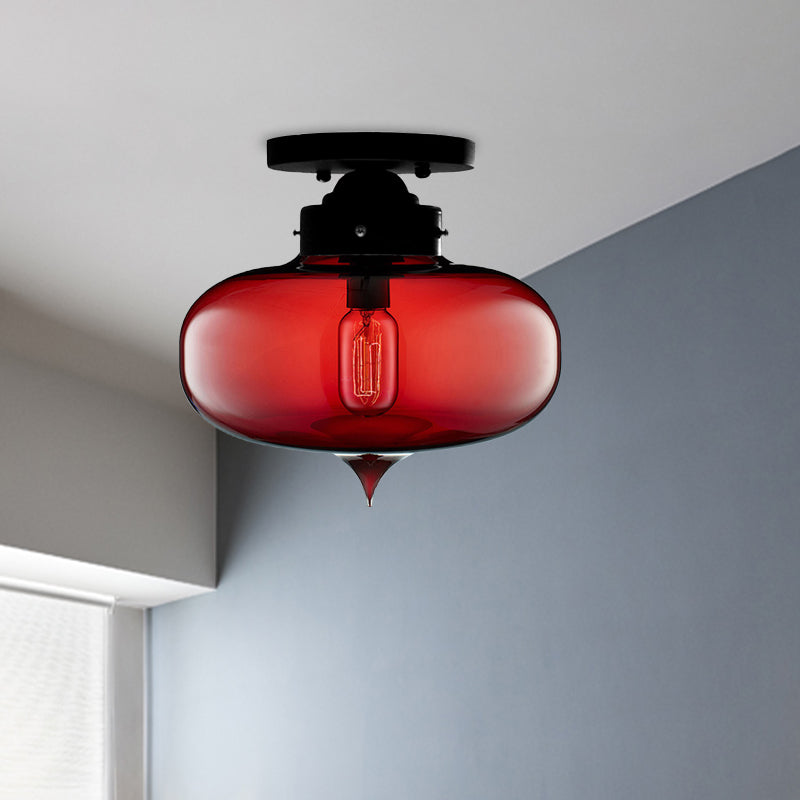 Sleek Black Industrial Semi Flush Light with Red/Brown/Amber Glass Oval Shade - Perfect for Dining Room Ceiling