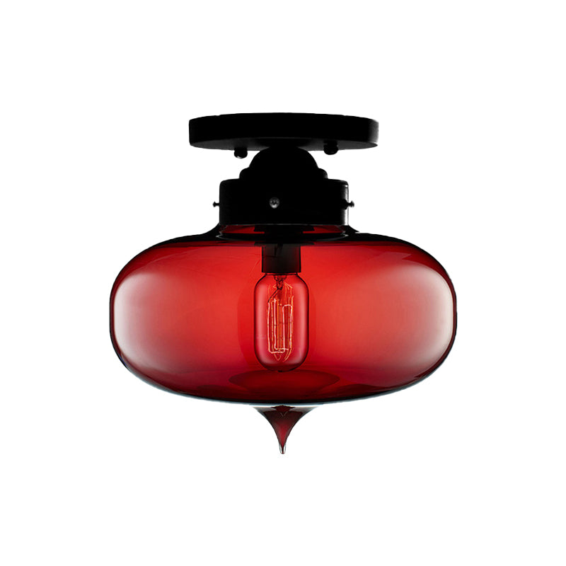 Sleek Black Industrial Semi Flush Light with Red/Brown/Amber Glass Oval Shade - Perfect for Dining Room Ceiling