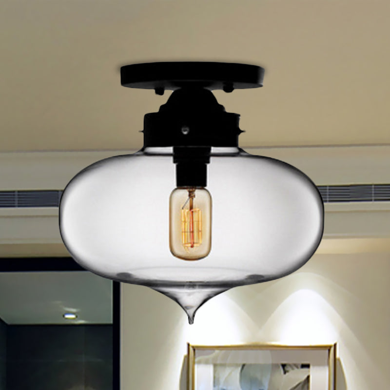 Sleek Black Industrial Semi Flush Light with Red/Brown/Amber Glass Oval Shade - Perfect for Dining Room Ceiling