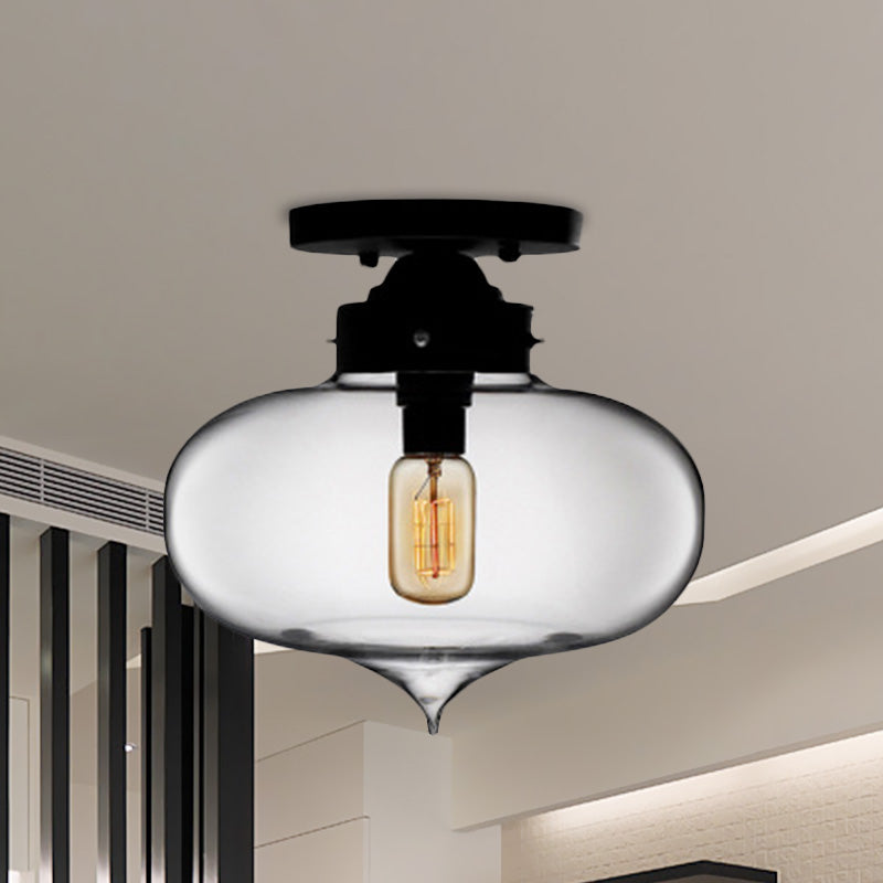 Sleek Black Industrial Semi Flush Light with Red/Brown/Amber Glass Oval Shade - Perfect for Dining Room Ceiling