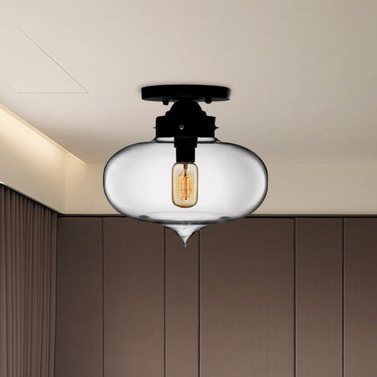 Sleek Black Industrial Semi Flush Light with Red/Brown/Amber Glass Oval Shade - Perfect for Dining Room Ceiling