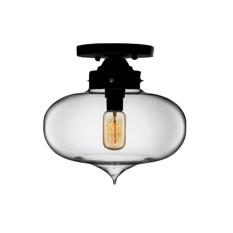 Sleek Black Industrial Semi Flush Light with Red/Brown/Amber Glass Oval Shade - Perfect for Dining Room Ceiling