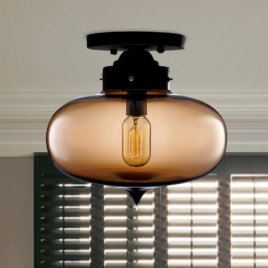 Sleek Black Industrial Semi Flush Light with Red/Brown/Amber Glass Oval Shade - Perfect for Dining Room Ceiling