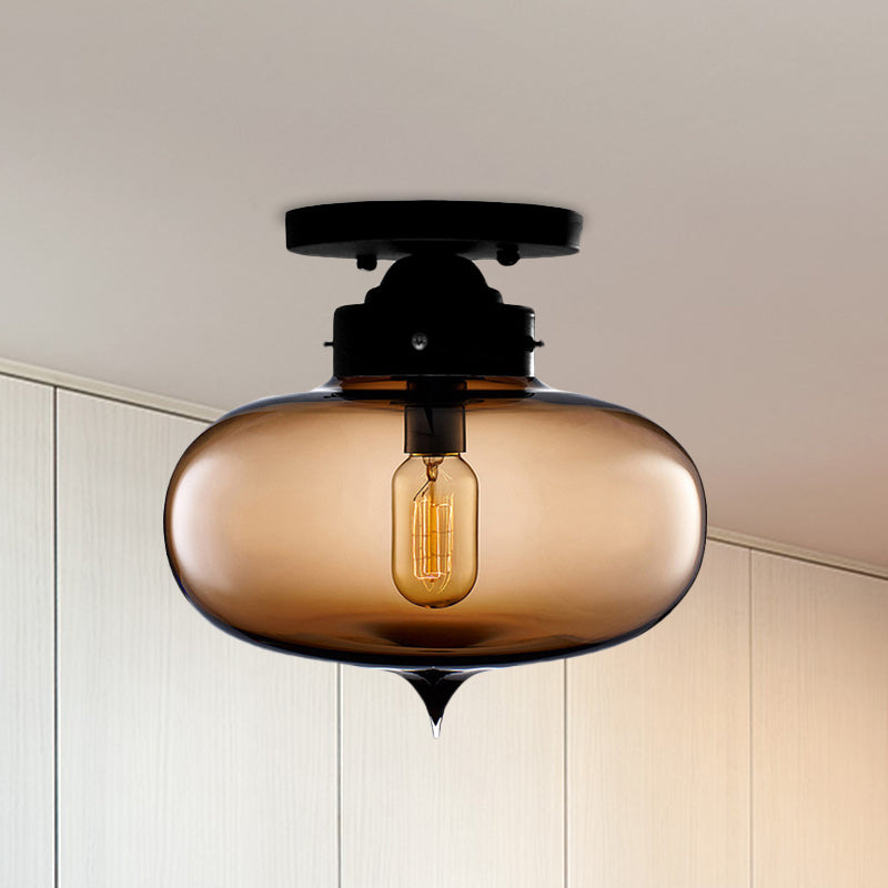 Sleek Black Industrial Semi Flush Light with Red/Brown/Amber Glass Oval Shade - Perfect for Dining Room Ceiling