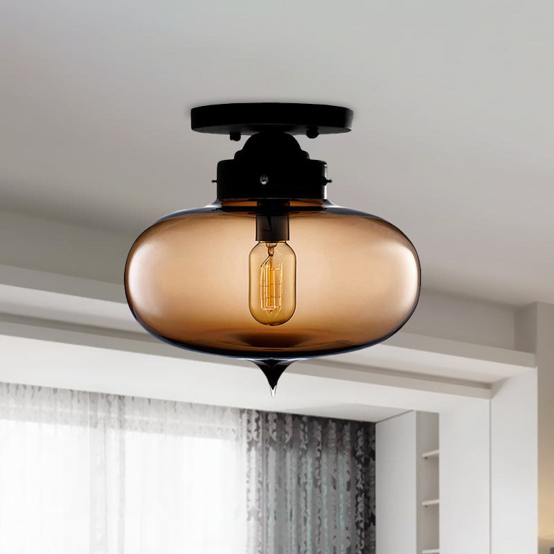 Sleek Black Industrial Semi Flush Light with Red/Brown/Amber Glass Oval Shade - Perfect for Dining Room Ceiling