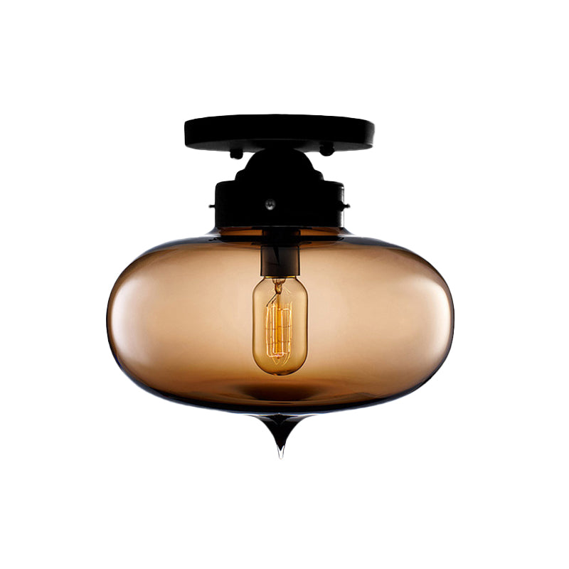 Sleek Black Industrial Semi Flush Light with Red/Brown/Amber Glass Oval Shade - Perfect for Dining Room Ceiling