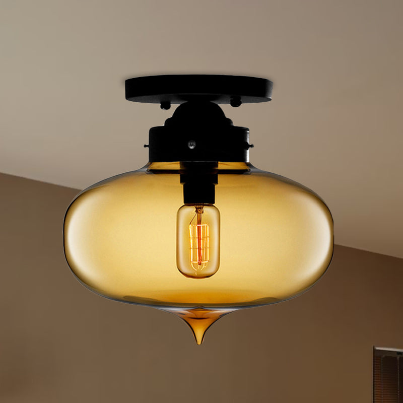 Sleek Black Industrial Semi Flush Light with Red/Brown/Amber Glass Oval Shade - Perfect for Dining Room Ceiling