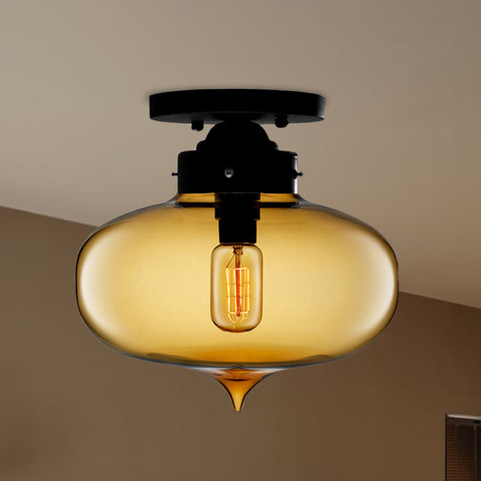 Sleek Black Industrial Semi Flush Light With Red/Brown/Amber Glass Oval Shade - Perfect For Dining