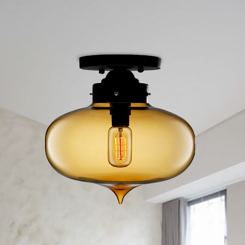 Sleek Black Industrial Semi Flush Light with Red/Brown/Amber Glass Oval Shade - Perfect for Dining Room Ceiling