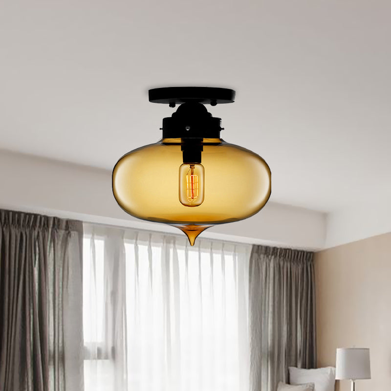 Sleek Black Industrial Semi Flush Light with Red/Brown/Amber Glass Oval Shade - Perfect for Dining Room Ceiling