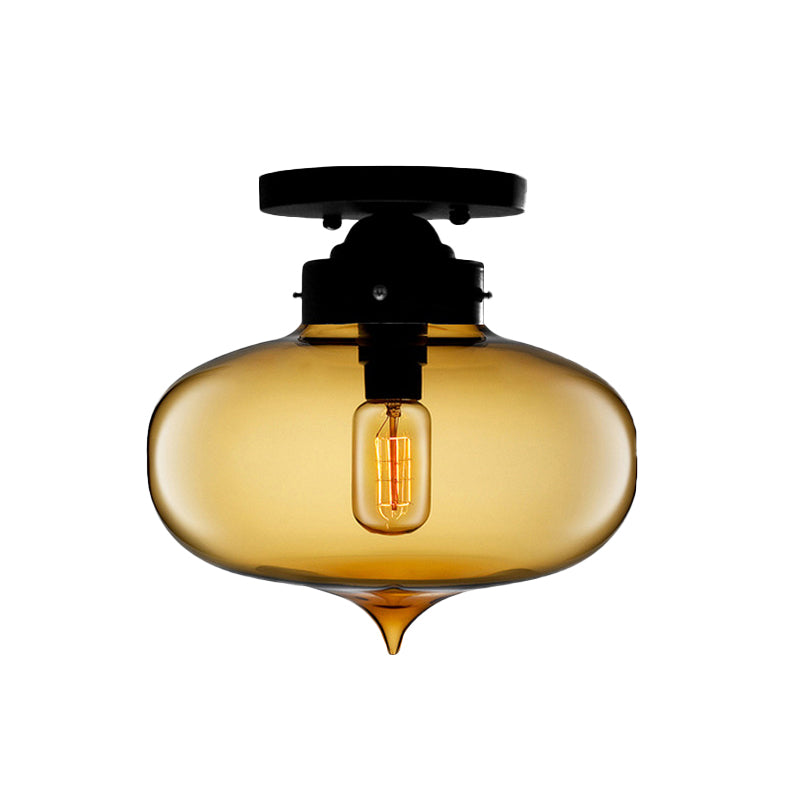 Sleek Black Industrial Semi Flush Light with Red/Brown/Amber Glass Oval Shade - Perfect for Dining Room Ceiling