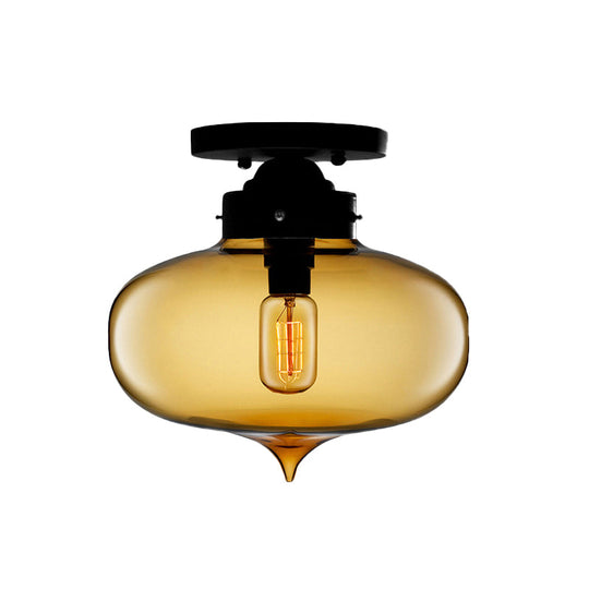 Sleek Black Industrial Semi Flush Light with Red/Brown/Amber Glass Oval Shade - Perfect for Dining Room Ceiling