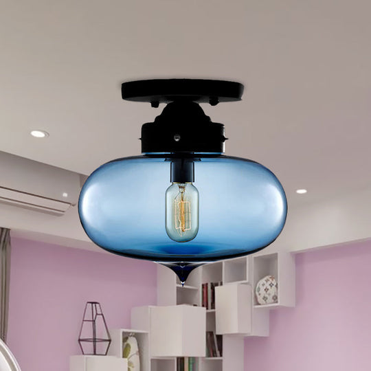 Sleek Black Industrial Semi Flush Light with Red/Brown/Amber Glass Oval Shade - Perfect for Dining Room Ceiling