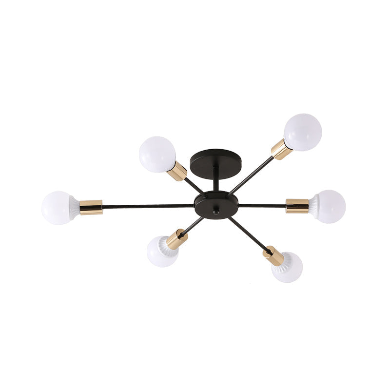 Industrial Metallic Semi Flush Light - Black Sputnik Design with 6/8 Exposed Bulbs - Ceiling Mounted Fixture, 23.5"/27.5" W