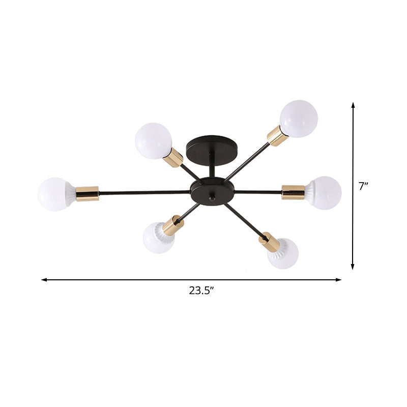 Industrial Metallic Semi Flush Light - Black Sputnik Design with 6/8 Exposed Bulbs - Ceiling Mounted Fixture, 23.5"/27.5" W