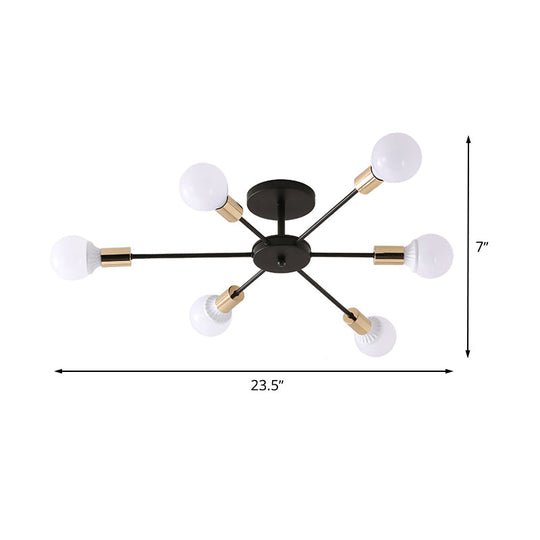 Industrial Metallic Semi Flush Light - Black Sputnik Design with 6/8 Exposed Bulbs - Ceiling Mounted Fixture, 23.5"/27.5" W