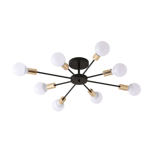 Industrial Metallic Semi Flush Light - Black Sputnik Design with 6/8 Exposed Bulbs - Ceiling Mounted Fixture, 23.5"/27.5" W