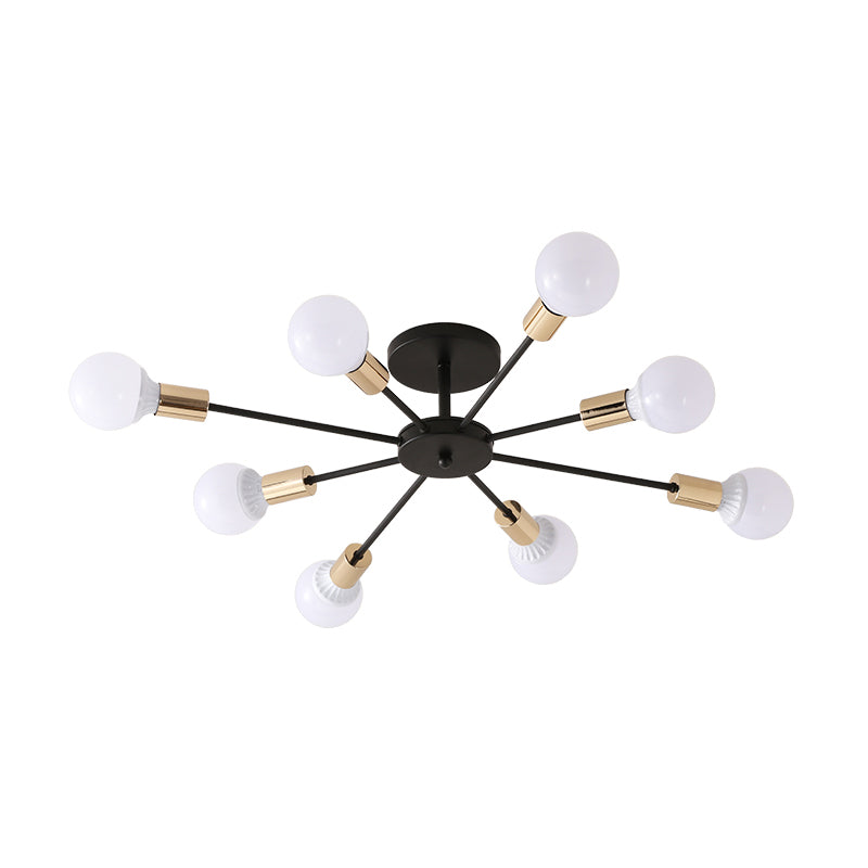 Industrial Metallic Semi Flush Light - Black Sputnik Design With 6/8 Exposed Bulbs Ceiling Mounted