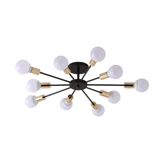 Industrial Metallic Semi Flush Light - Black Sputnik Design with 6/8 Exposed Bulbs - Ceiling Mounted Fixture, 23.5"/27.5" W