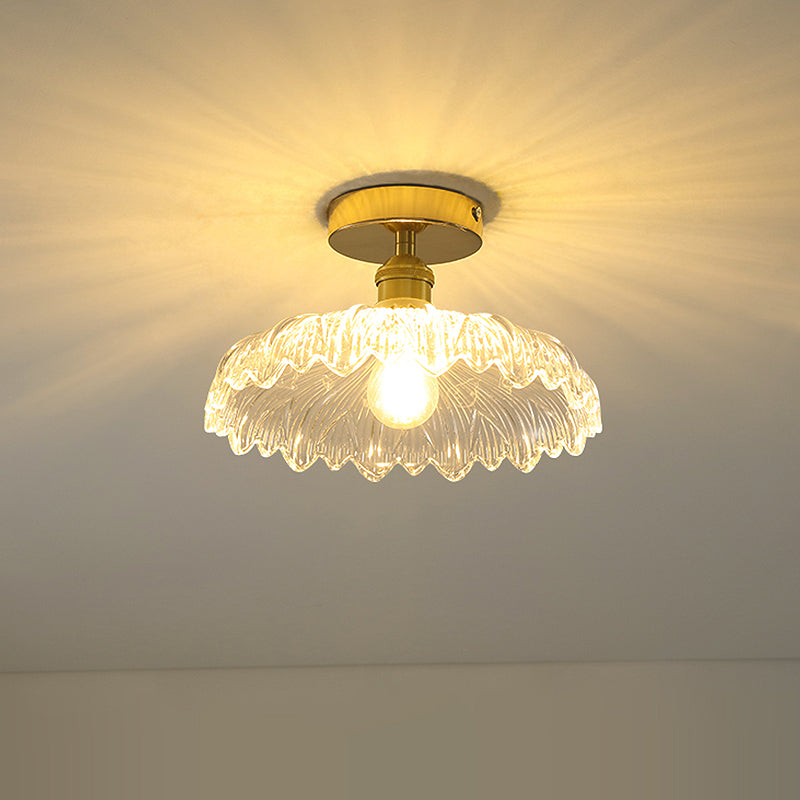 Industrial Semi Flush Ceiling Light Fixture With Clear Textured Glass Shade - 1-Light For Corridors