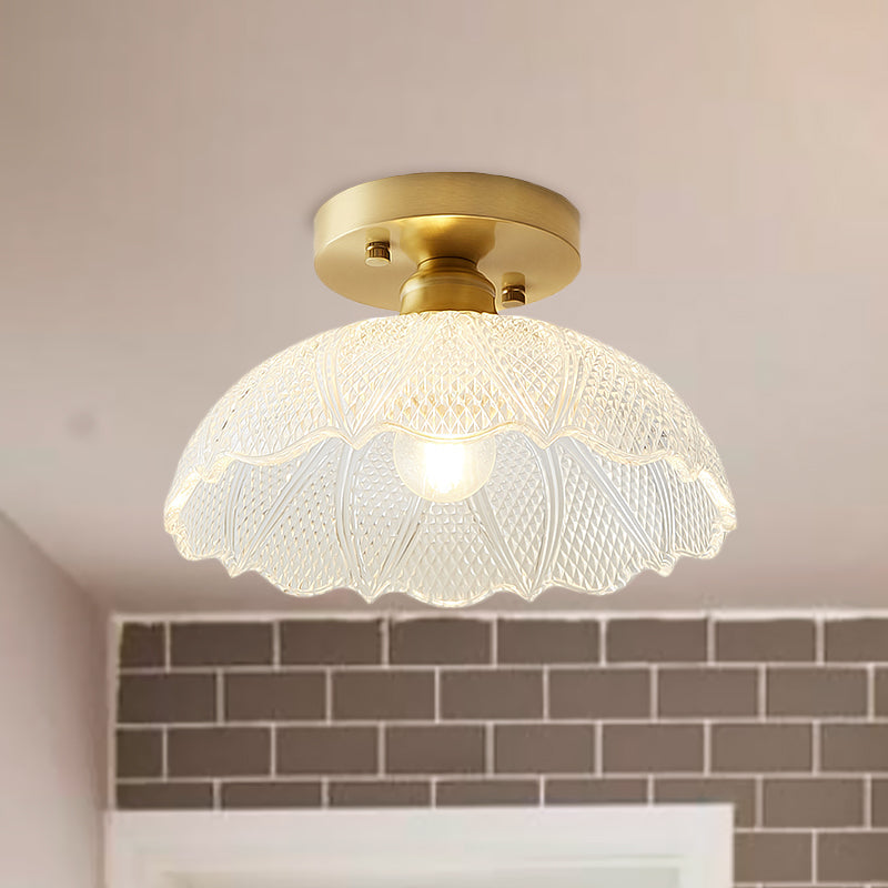 Industrial Semi Flush Ceiling Light Fixture With Clear Textured Glass Shade - 1-Light For Corridors