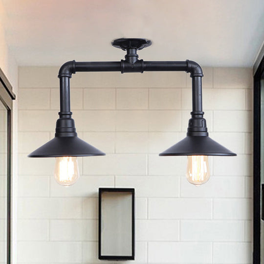 Industrial Matte Black Metallic Semi Flush Ceiling Light Fixture for Balcony - 2-Light Saucer Design