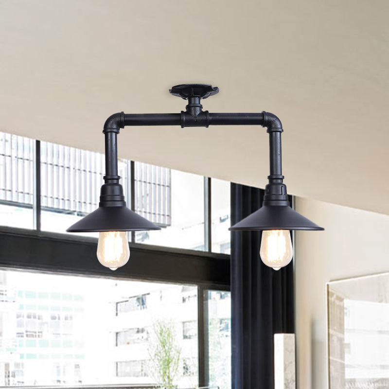 Industrial Matte Black Metallic Semi Flush Ceiling Light Fixture for Balcony - 2-Light Saucer Design