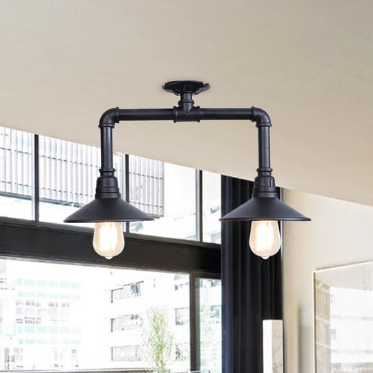 Industrial Matte Black Metallic Semi Flush Ceiling Light Fixture For Balcony - 2-Light Saucer Design