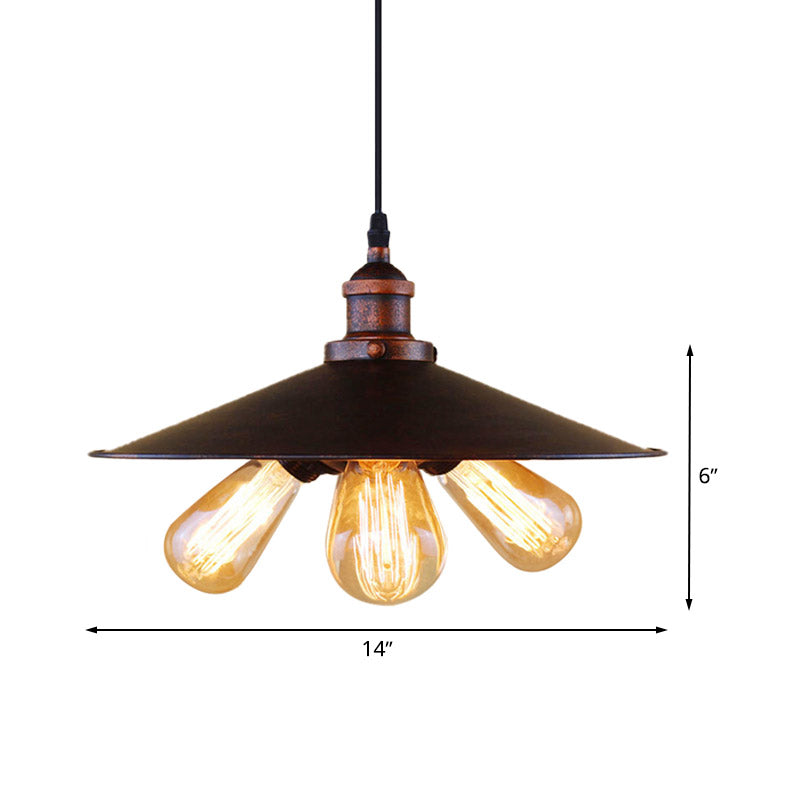 Antique-Style Rust Metal Chandelier Pendant - 3-Light Flat Shade Lighting for Restaurants