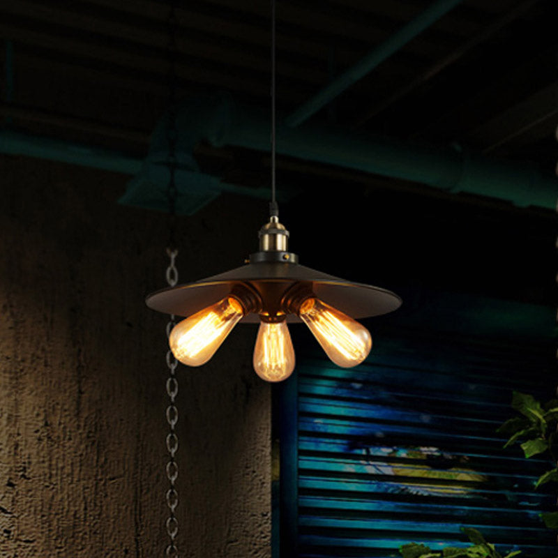 Retro Flared Chandelier: Metallic Pendant Light With 3 Bulbs Black Finish For Dining Room