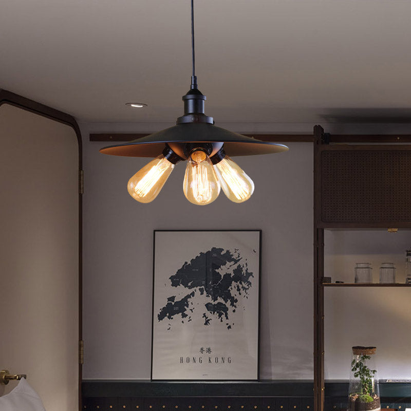 Stylish Industrial Flared Chandelier: 3-Light Metal Pendant In Black For Restaurants