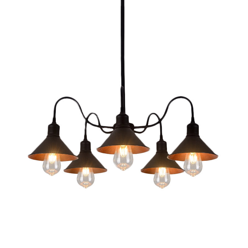 Antique Style 5-Light Black Metal Chandelier With Conical Shades And Curved Arms