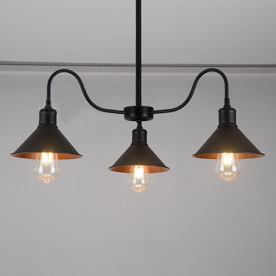 Industrial Black Conical Pendant Kitchen Chandelier with 3 Metal Heads & Curved Arm