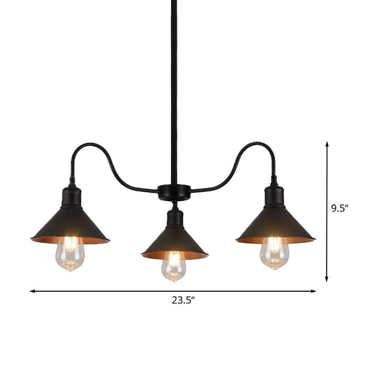 Industrial Black Conical Pendant Kitchen Chandelier with 3 Metal Heads & Curved Arm