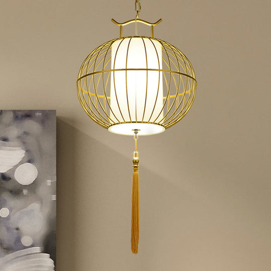 Chinese Style Hanging Pendant Light with Bamboo Shade - Black/Gold Lantern Ceiling Light - Indoor Use - 16"/21.5" W