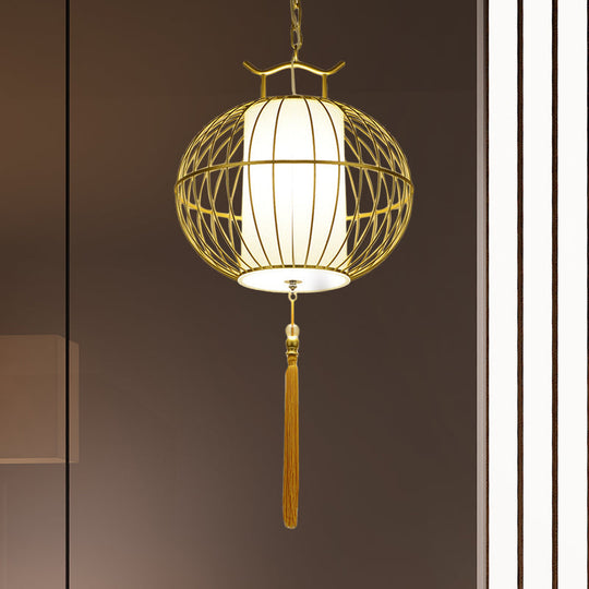 Chinese Style Hanging Pendant Light with Bamboo Shade - Black/Gold Lantern Ceiling Light - Indoor Use - 16"/21.5" W